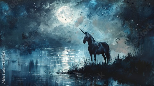 Unicorn under moonlit sky, oil paint style, silver beams, mystical silhouette, tranquil blues, serene night.  © Thanthara