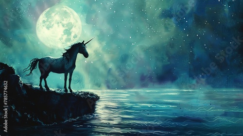 Unicorn under moonlit sky, oil paint style, silver beams, mystical silhouette, tranquil blues, serene night. © Thanthara