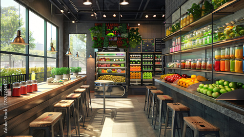 Trendy Juice Bar: Fresh Fruit Displays and Modern Seating