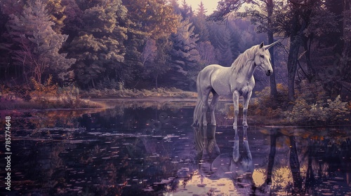 Noble unicorn by crystal lake  oil paint effect  reflective water  twilight purples  serene grace  tranquil scene. 