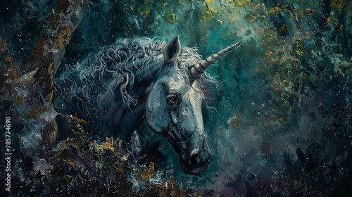 Ancient unicorn, oil painting technique, wise eyes, timeless forest, deep shadows, mystical light.