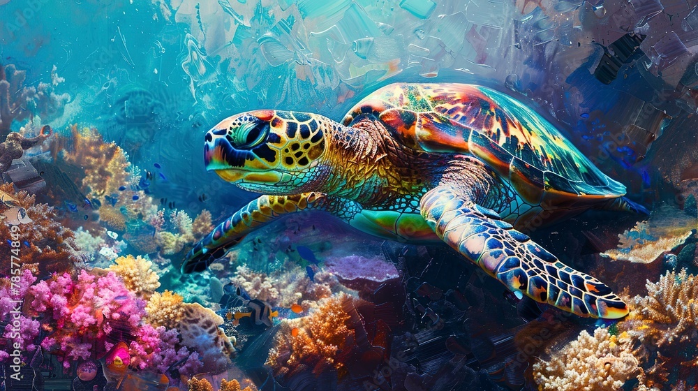 Ancient turtle in coral reef, oil painting effect, underwater light, vibrant colors, serene grace. Ancient turtle in coral reef, oil painting effect, underwater light, vibrant colors, serene grace.