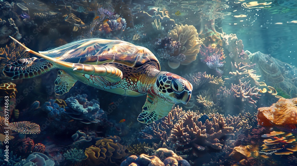 Ancient turtle in coral reef, oil painting effect, underwater light, vibrant colors, serene grace. 