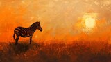 Zebra silhouette at sunrise, oil paint effect, horizon ablaze, slender form, serene start, soft oranges. 