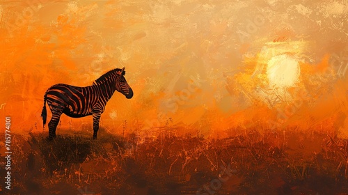 Zebra silhouette at sunrise, oil paint effect, horizon ablaze, slender form, serene start, soft oranges. 