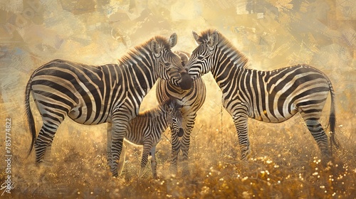 Zebra family  classic oil painting look  tender moment  soft morning light  warm tones  intimate scene.