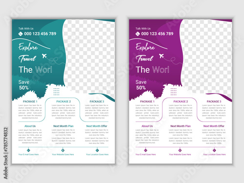 Modern travel flyer or poster design template bundle. Editable tour poster template with brush stroke set