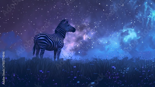 Mystical zebra under starry sky, oil paint style, cosmic wonder, magical night, cool tones, serene solitude. 