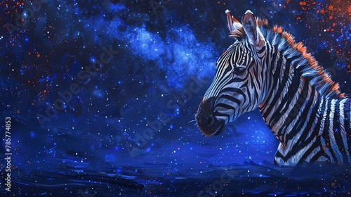Mystical zebra under starry sky, oil paint style, cosmic wonder, magical night, cool tones, serene solitude. 