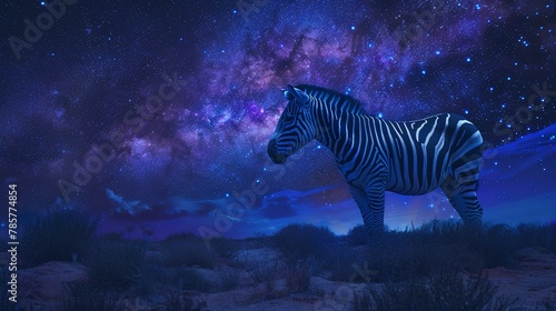 Mystical zebra under starry sky, oil paint style, cosmic wonder, magical night, cool tones, serene solitude.  © Thanthara