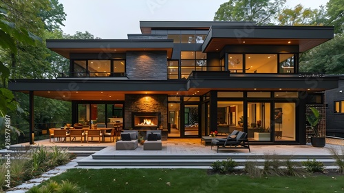 Contemporary Patio Oasis with Sleek Fireplace. Concept Modern Design, Outdoor Living, Patio Decor, Fireplace Décor