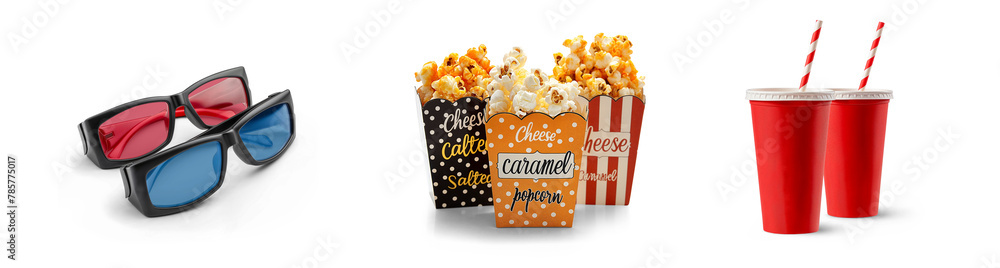 Obraz premium movie time and cinema popcorn and cold soft drink refreshment with 3D glasses for entertainment theater icon set isolated on png transparent background