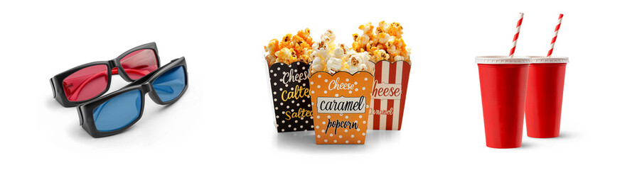 movie time and cinema popcorn and cold soft drink refreshment with 3D glasses for entertainment theater icon set isolated on png transparent background