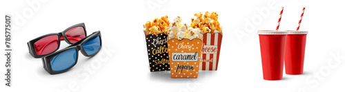 movie time and cinema popcorn and cold soft drink refreshment with 3D glasses for entertainment theater icon set isolated on png transparent background © sizsus