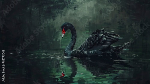 Majestic black swan, oil paint effect, striking contrast, dark waters, mysterious aura, deep greens. 