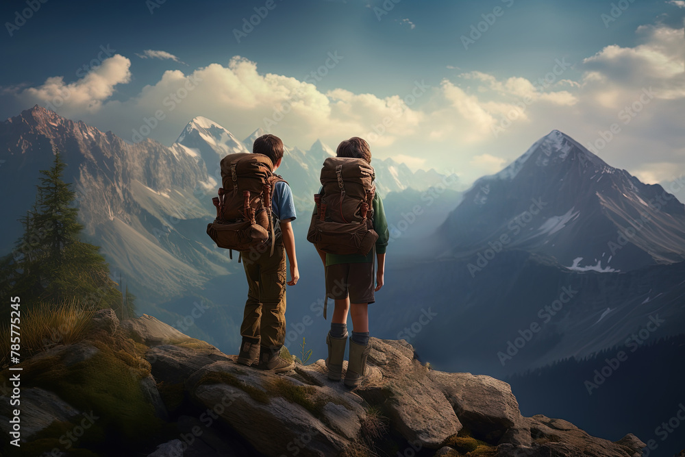 Boy Scouts hiking with backpack on the mountain. 