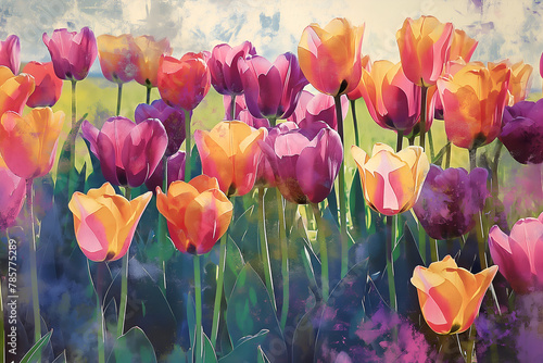 Dynamic mixed media artwork celebrating tulip field's vibrant energy. Bold hues evoke joy, optimism, and happiness with saturated colors. #785775289