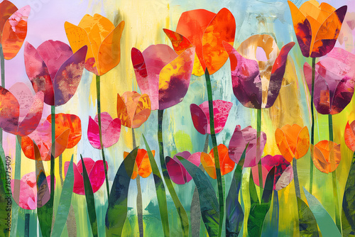 Dynamic mixed media artwork celebrating tulip field's vibrant energy. Bold hues evoke joy, optimism, and happiness with saturated colors.