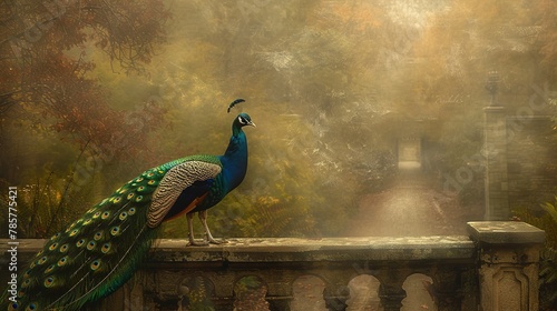 Solitary peacock on castle grounds, oil paint effect, historical elegance, soft mist, muted earth tones. 