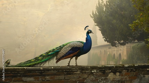 Solitary peacock on castle grounds, oil paint effect, historical elegance, soft mist, muted earth tones. 