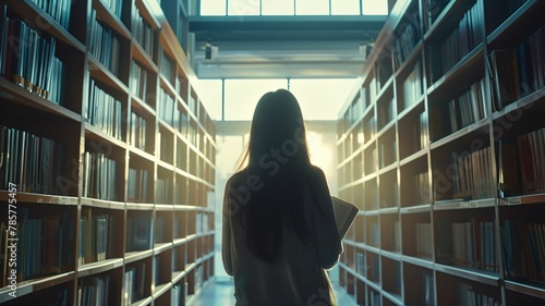 European Girl read a book in a peacefull library photo