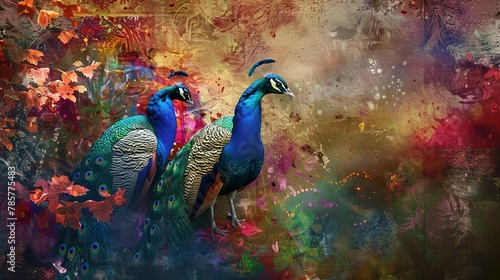 Pair of peacocks, oil paint effect, tender interaction, vibrant garden, rich textures, loveâ€™s dance. 