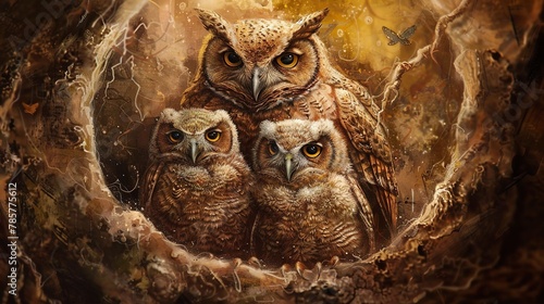 Owl family in hollow, oil paint effect, cozy nest, tender scene, warm hues, intimate gathering. 