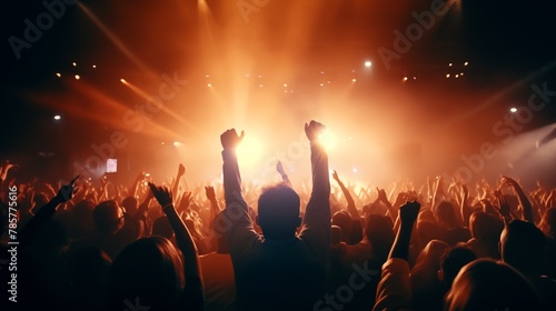 cheering crowd at rock concert in front of bright lights.