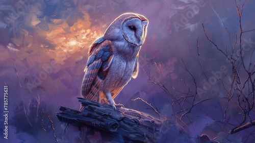Barn owl in twilight, oil painting technique, dusk colors, tranquil pose, soft purples and blues.  photo