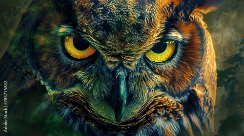 Vibrant owl eyes, dynamic oil painting style, night hunter, intense focus, vivid greens, mystical aura. 