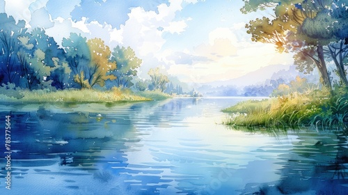 A watercolor illustration of a biblical scene by a tranquil body of water, soft tones, fine details, high resolution, high detail, 32K Ultra HD, copyspace, watercolor hand drawn