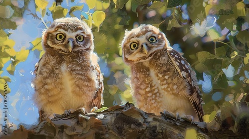 Playful owl chicks, oil paint effect, fluffy textures, curious glances, bright daylight, joyful discovery. 