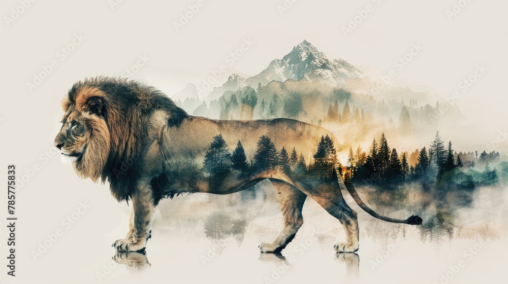 Obraz premium Artistic double exposure of lion with mountain and forest blending into its body