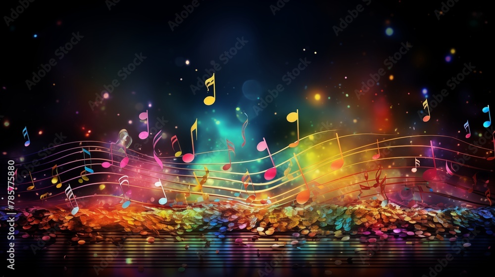 Colorful music notes background with sheet music, disc and treble clef.