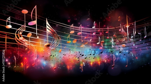 Colorful music notes background with sheet music, disc and treble clef.