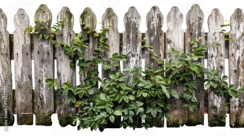 wooden fence with green bushes on white background in high resolution and quality © Marco