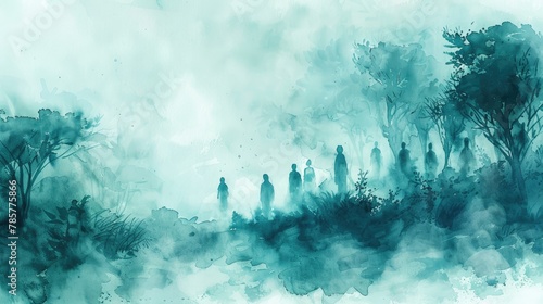 Ethereal watercolor scene of silhouetted figures in mist, evoking a sense of mystery, soft tones, fine details, high resolution, high detail, 32K Ultra HD, copyspace, watercolor hand drawn