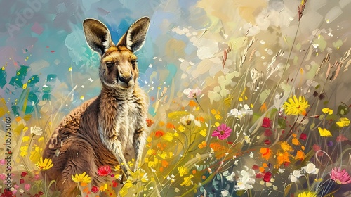 Kangaroo in wildflower field, oil painting effect, spring bloom, playful exploration, colorful palette, joyful scene.  © Thanthara