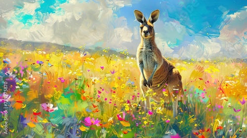 Kangaroo in wildflower field, oil painting effect, spring bloom, playful exploration, colorful palette, joyful scene.