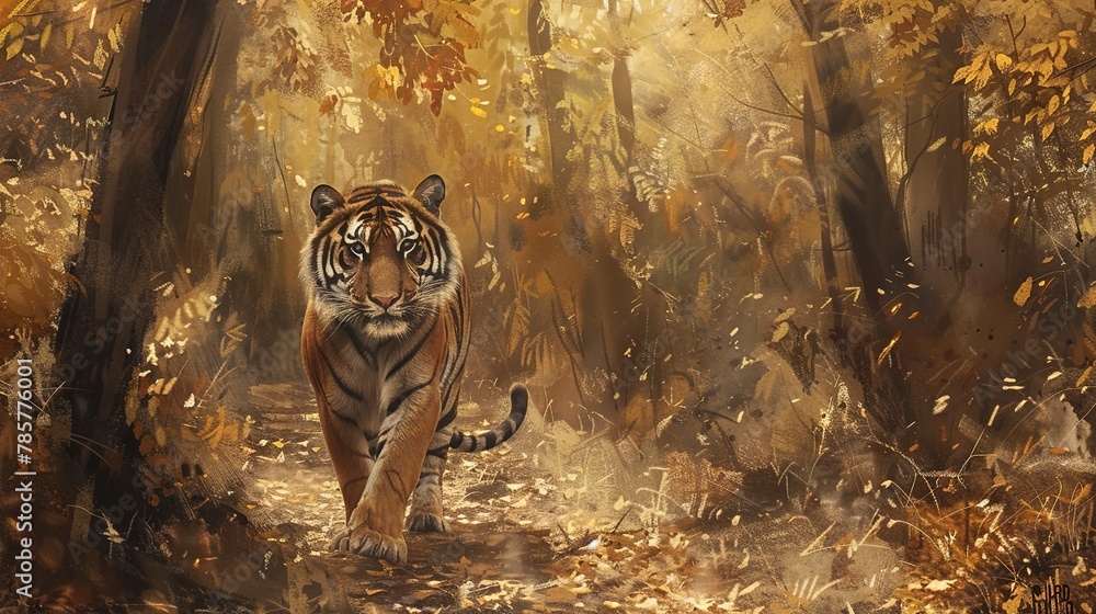 Solitary tiger, oil painting style, autumn forest, soft rustling leaves, muted earth tones, peaceful solitude.  - obrazy, fototapety, plakaty 