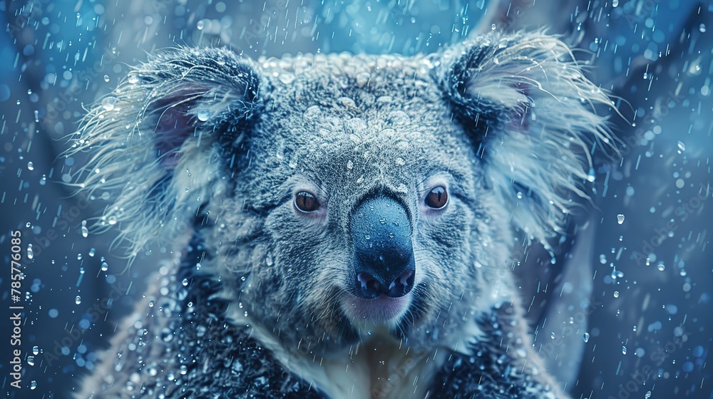 Obraz premium Koala in the rain, oil paint effect, water droplets on fur, reflective mood, cool blues, serene atmosphere. 