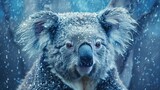 Koala in the rain, oil paint effect, water droplets on fur, reflective mood, cool blues, serene atmosphere. 