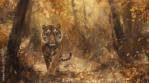 Solitary tiger, oil painting style, autumn forest, soft rustling leaves, muted earth tones, peaceful solitude. 