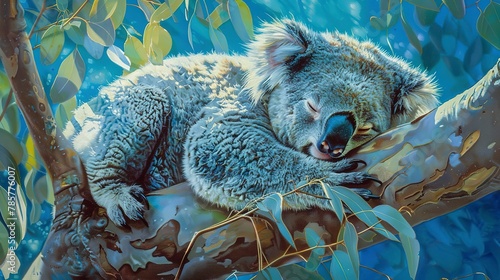 Sleepy koala in eucalyptus tree, oil painting effect, soft dawn light, tranquil blues, peaceful slumber.