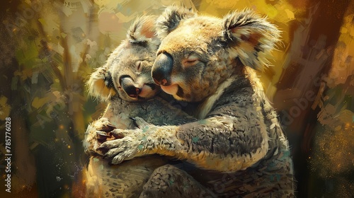 Koala family cuddling, classic oil painting look, tender moment, warm hues, intimate embrace, serene.  © Thanthara