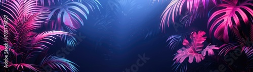 Tropical stage with neon lights and palm leaves in the dark, soft tones, fine details, high resolution, high detail, 32K Ultra HD, copyspace