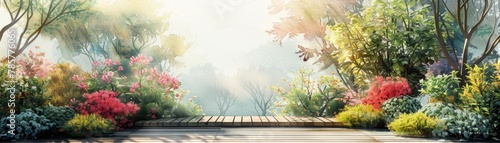 Tranquil garden showcase with sunlit wooden platform and flowering shrubs, soft tones, fine details, high resolution, high detail, 32K Ultra HD, copyspace, watercolor hand drawn