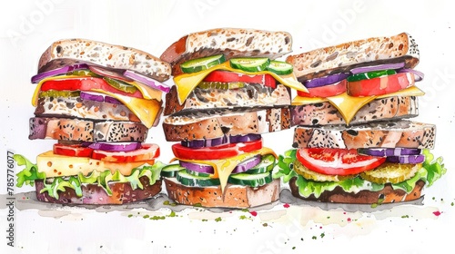 Various sandwiches with different types of cheese and vegetables, soft tones, fine details, high resolution, high detail, 32K Ultra HD, copyspace, watercolor hand drawn