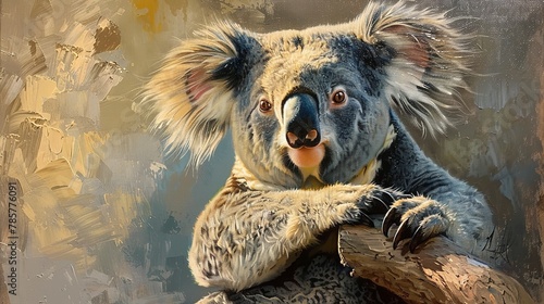 Wise old koala, oil painting technique, ancient gaze, textured fur, soft lighting, timeless wisdom. 