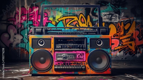 Retro old design ghetto blaster boombox radio cassette tape recorder from 1980s in a grungy graffiti covered room.music blaster.